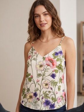 Express Cream Floral V-Neck Cami with Pink, Purple & Yellow Blooms